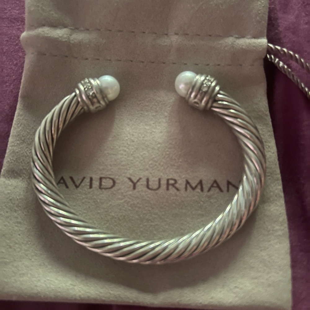 Authentic David Yurman Silver Cable Bracelet with Pearls and diamonds
